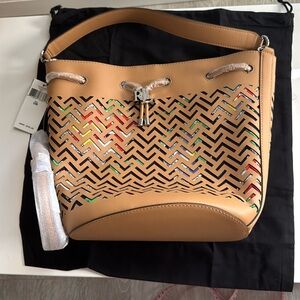 New Ralph Lauren Tan Leather Resort Fabric Bucket Tote Bag Purse.